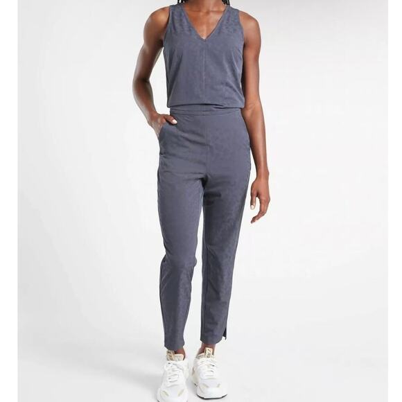 Athleta Brooklyn Jumpsuit Textured Leopard Print Sleeveless Purple Blue Size 6 - Picture 1 of 11